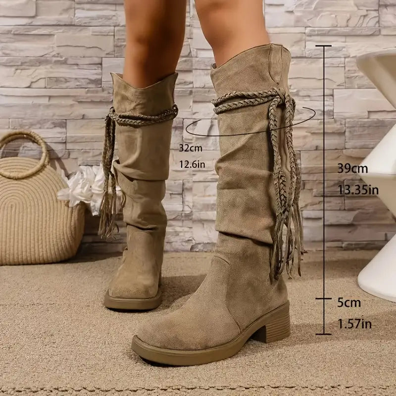 Khaki mid-heel knee-high boots