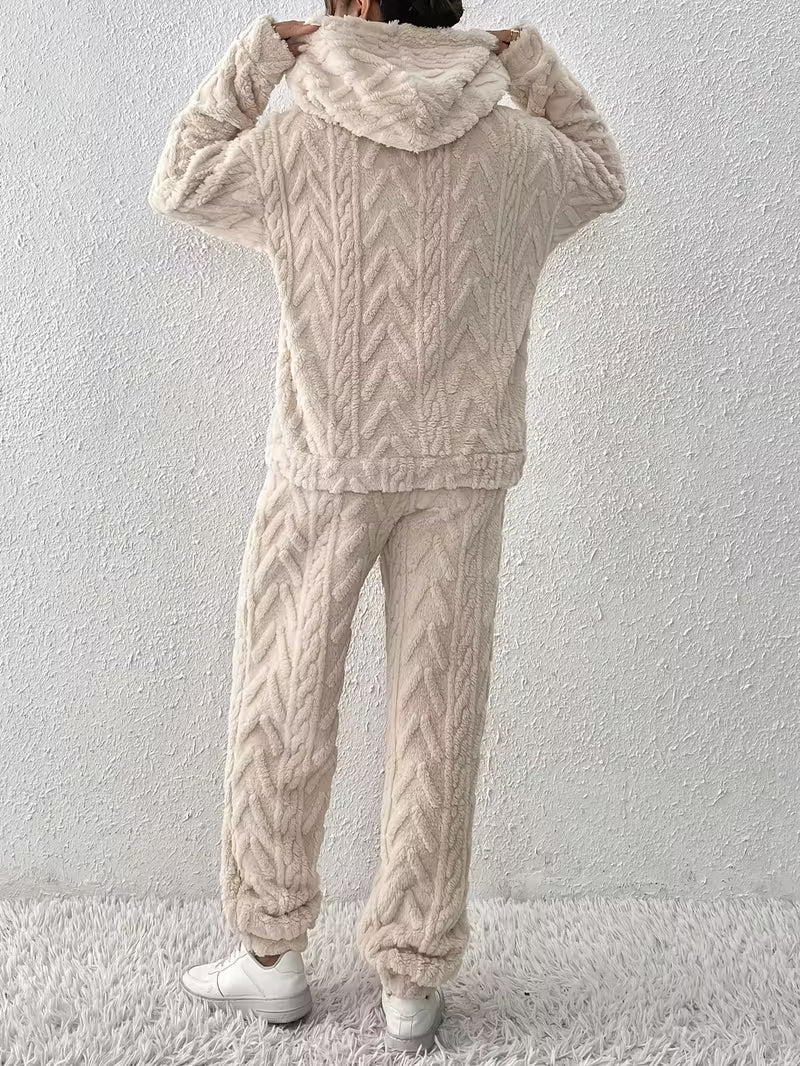 Winter Jacquard Hooded Loose Sweatshirt and Pants Set