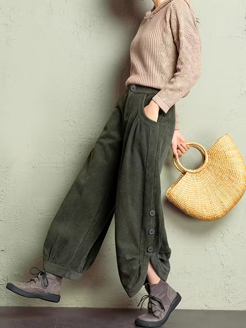 Women'S Casual Corduroy Pants with Button Detail - Loose Fit