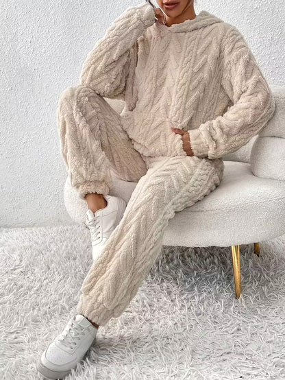 Winter Jacquard Hooded Loose Sweatshirt and Pants Set