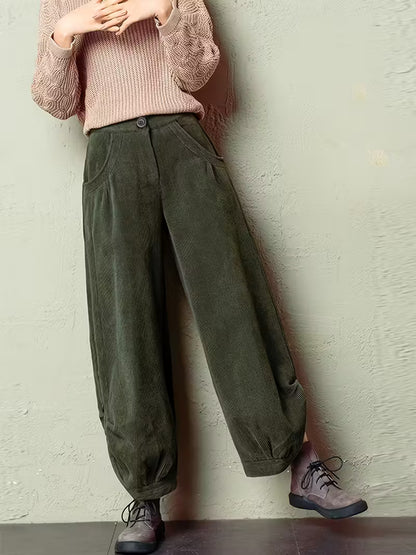 Women'S Casual Corduroy Pants with Button Detail - Loose Fit