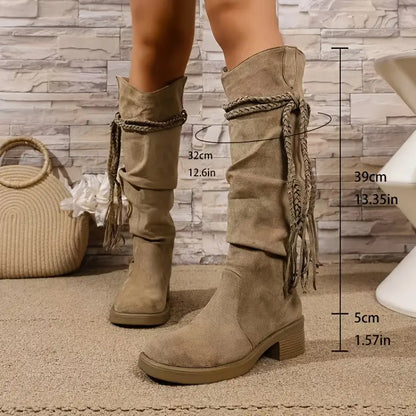 Khaki mid-heel knee-high boots