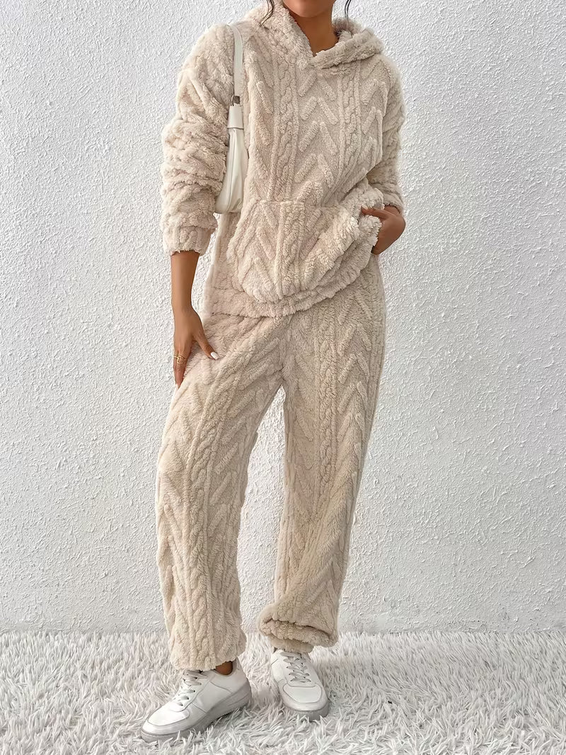 Winter Jacquard Hooded Loose Sweatshirt and Pants Set