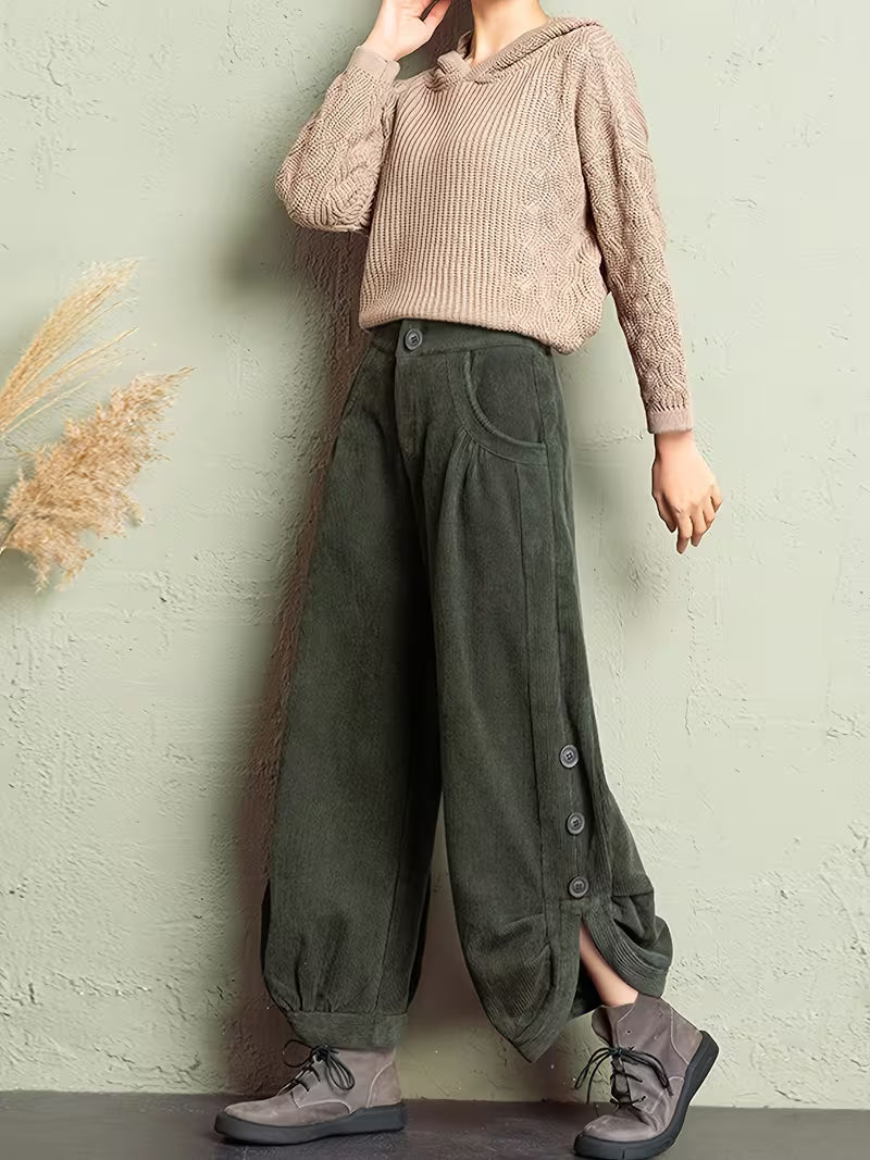Women'S Casual Corduroy Pants with Button Detail - Loose Fit