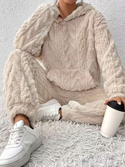 Winter Jacquard Hooded Loose Sweatshirt and Pants Set