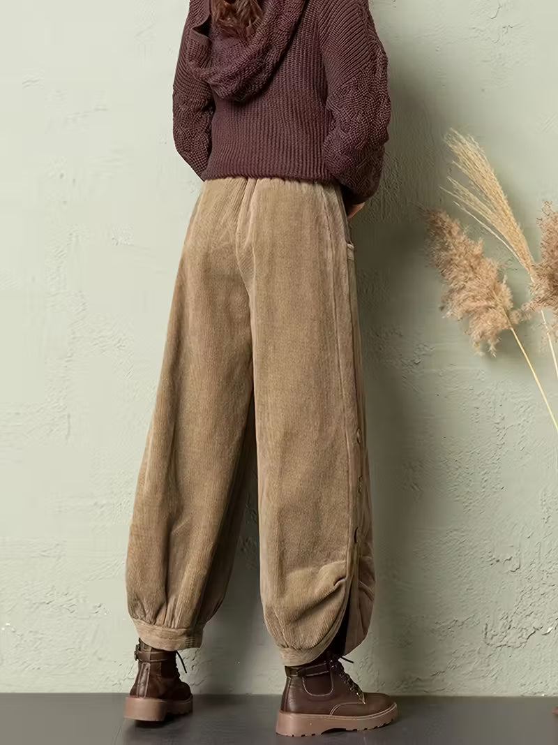 Women'S Casual Corduroy Pants with Button Detail - Loose Fit
