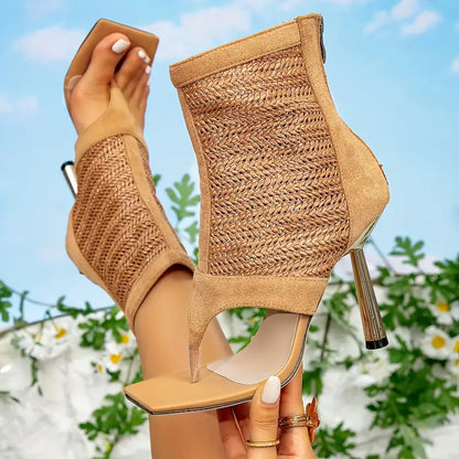 Women'S Bohemian Woven Square Toe Stiletto Heel Sandals