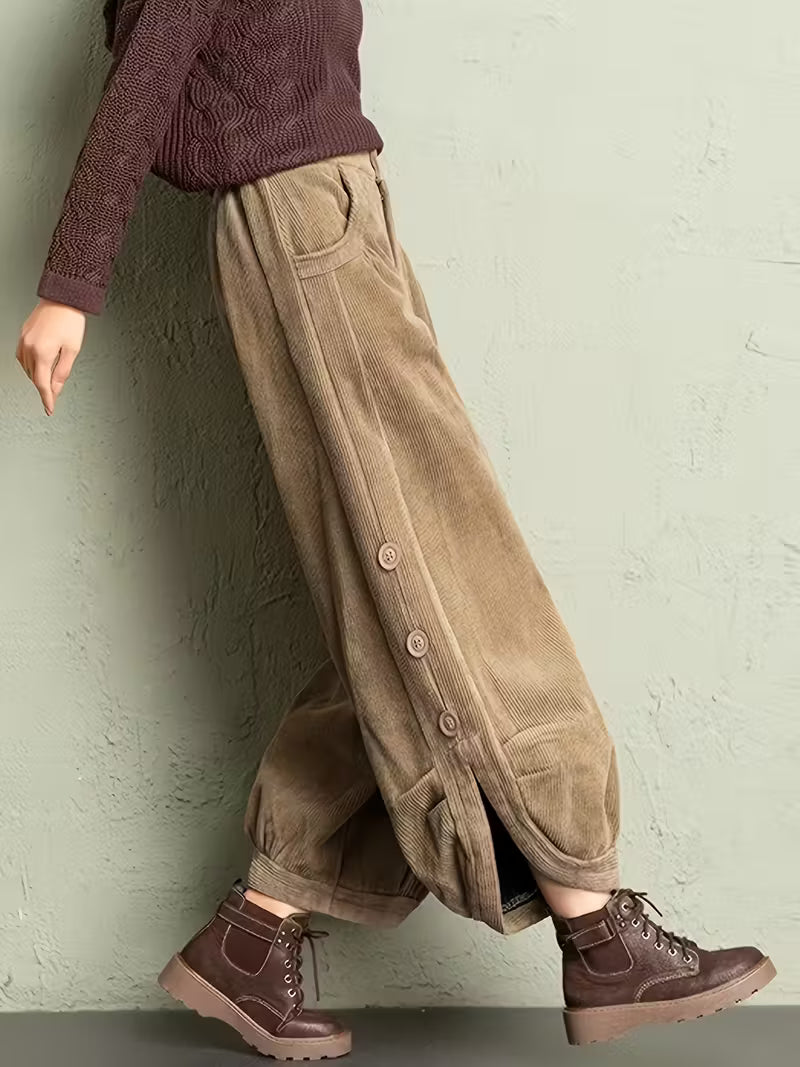 Women'S Casual Corduroy Pants with Button Detail - Loose Fit