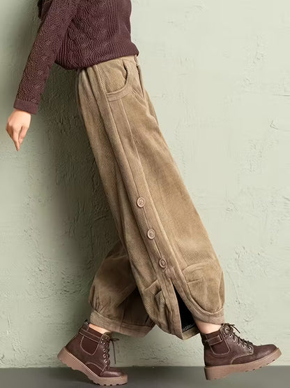 Women'S Casual Corduroy Pants with Button Detail - Loose Fit