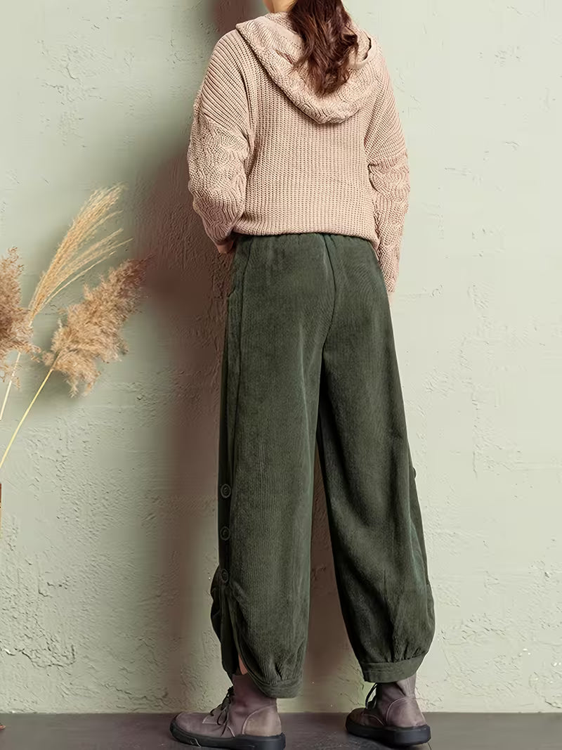 Women'S Casual Corduroy Pants with Button Detail - Loose Fit