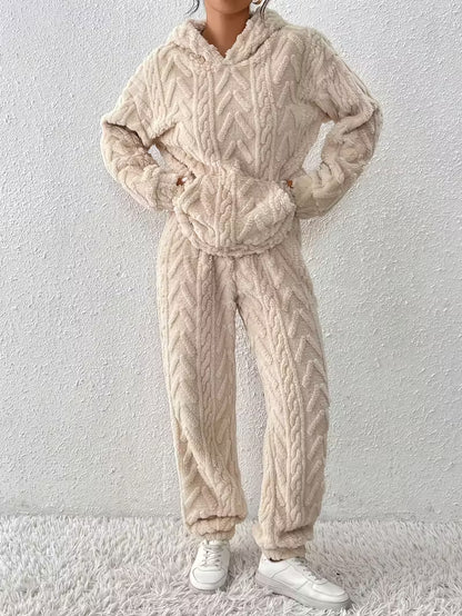 Winter Jacquard Hooded Loose Sweatshirt and Pants Set
