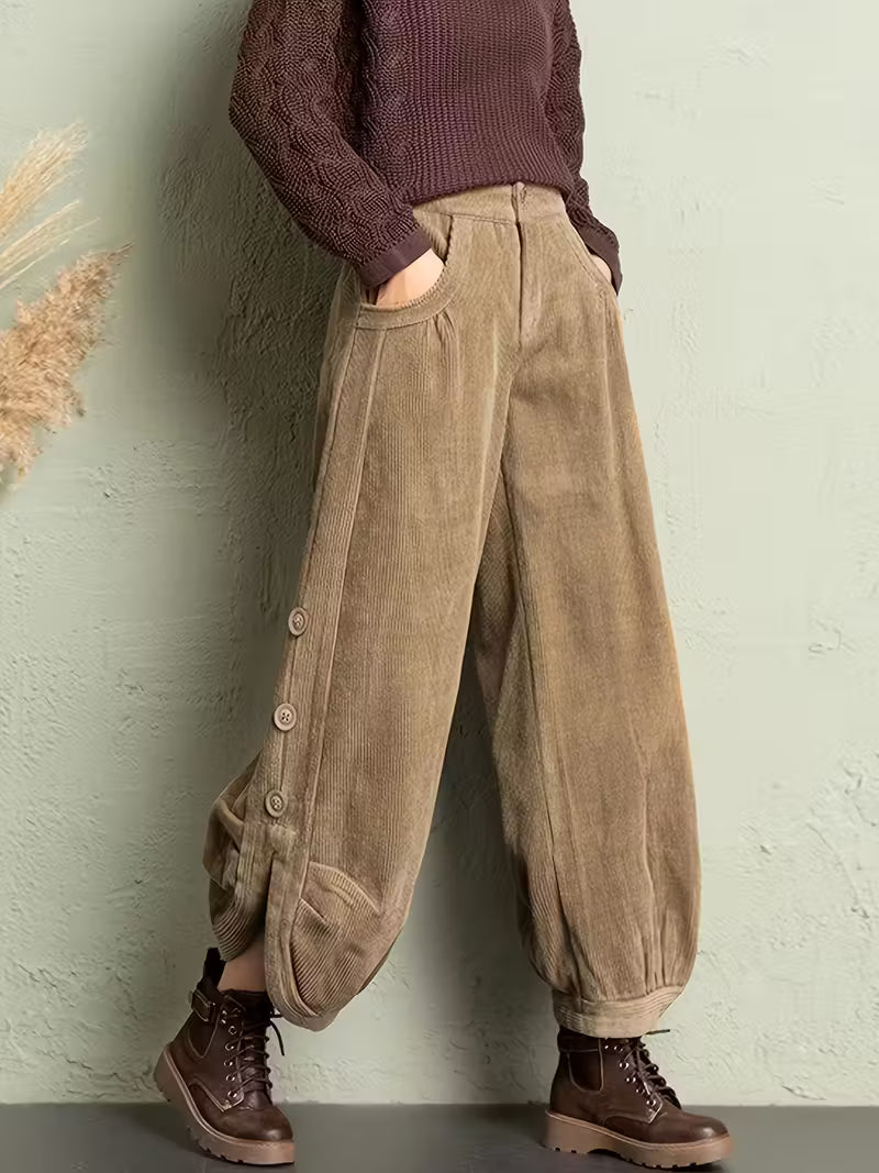 Women'S Casual Corduroy Pants with Button Detail - Loose Fit