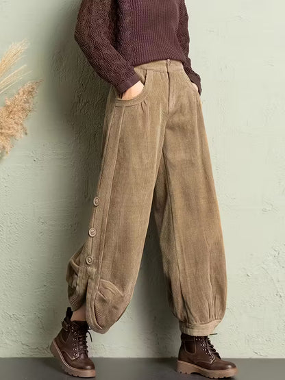 Women'S Casual Corduroy Pants with Button Detail - Loose Fit