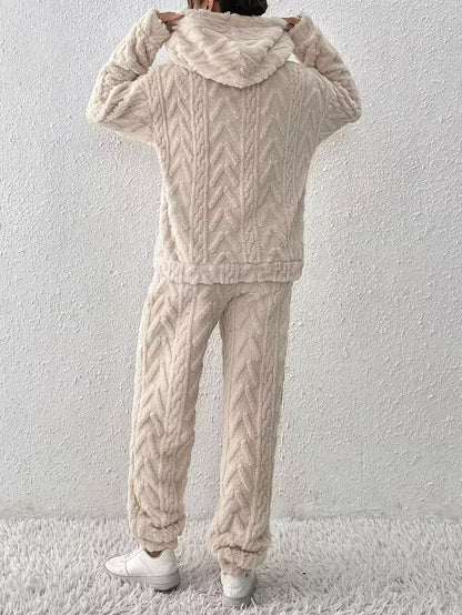 Winter Jacquard Hooded Loose Sweatshirt and Pants Set