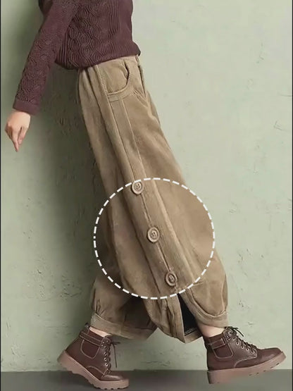 Women'S Casual Corduroy Pants with Button Detail - Loose Fit