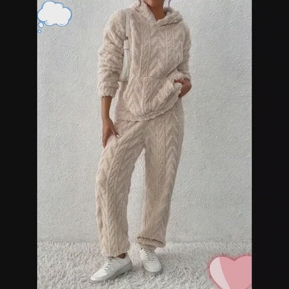 Winter Jacquard Hooded Loose Sweatshirt and Pants Set